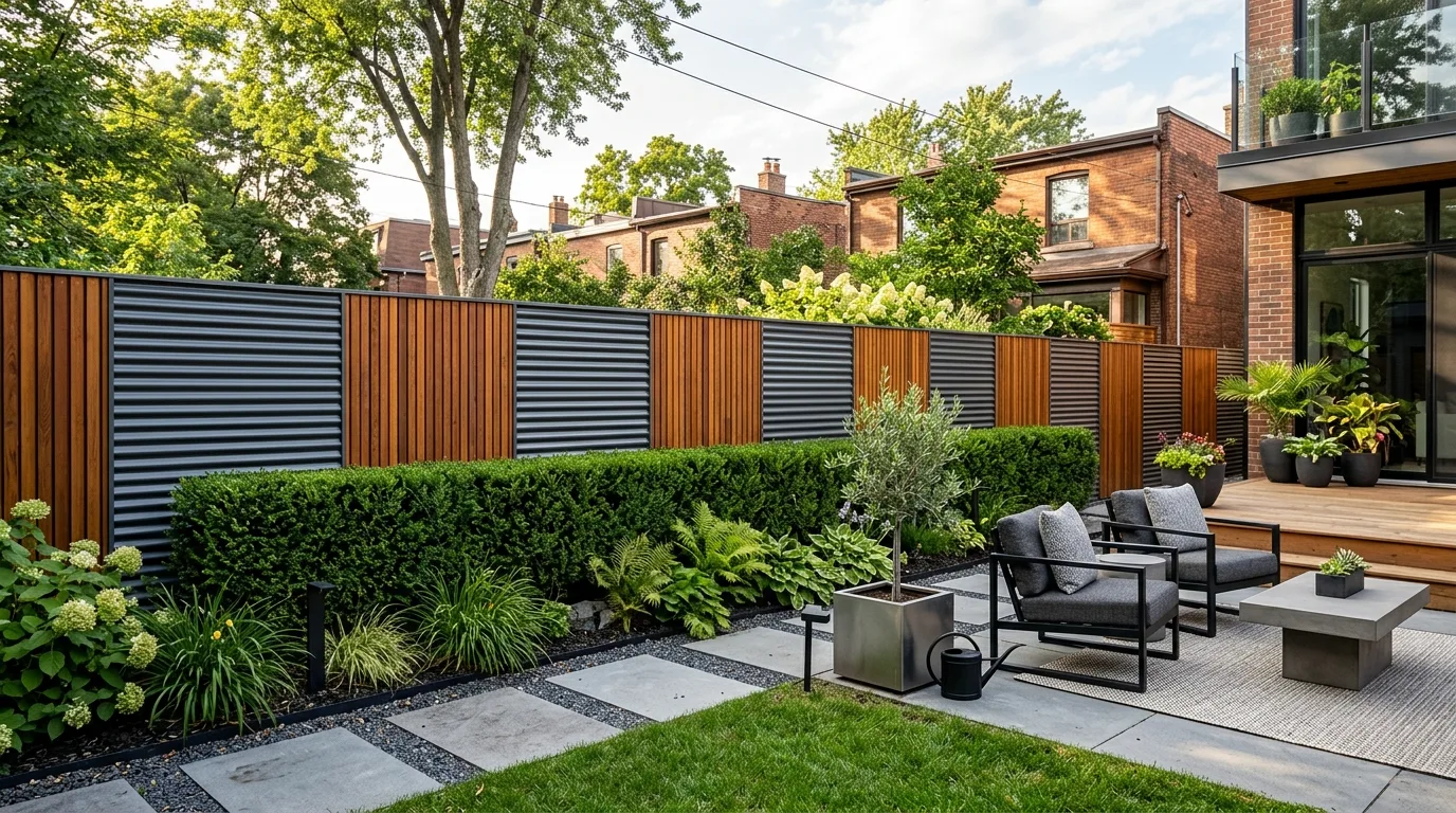Urban Backyard With Alternating Sheet Metal and Wood Panels
